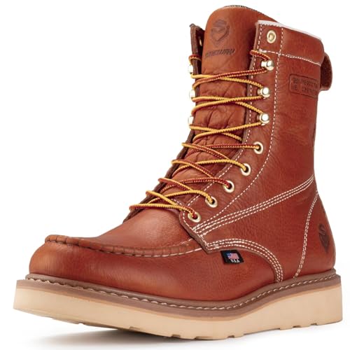Image of SUREWAY 8in Waterproof Moc Toe Work Boots for Men Soft Toe,Premium Full Grain Leather,Safety Wedge Work Boots /Shoes,Comfort Insole,Oil /Slip Resistant,Industrial Construction Boots LT BROWN