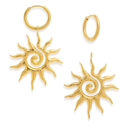 Chunky Gold Sun Leaf Huggie Dangle Hoop Earrings for Women, Trendy Lightweight Statement Hypoallergenic Prom Wedding Fashion Jewelry Gift