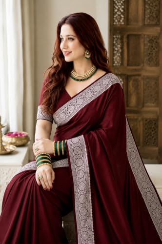 Image of Women's Glory Banarasi Satin Kanjivaram Saree Silver Zari Border Pure Soft Blend Silk Sari Kanchipuram Paithani Silk Party Wedding Festive New Ladies Sadi with Unstiched Blouse Piece. (Pink)