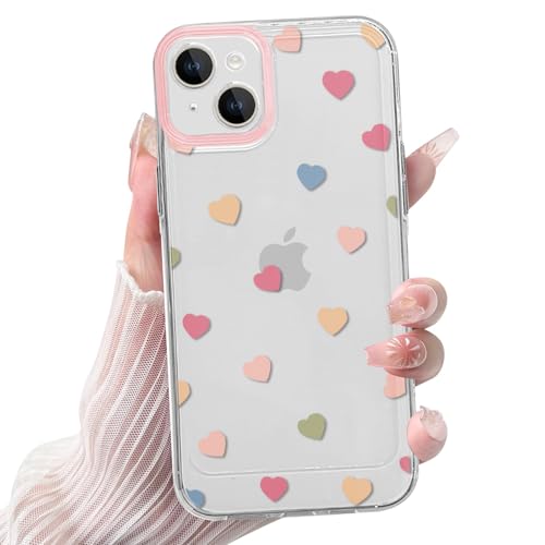 Yirlbey Funda para iPhone 14 6,1'', Corazón Colores Dibujos Diseño Aesthetic Carcasa, Ultra Fina Suave Transparente Silicona Antigolpes Protector Camara TPU Bumper Case para Mujer