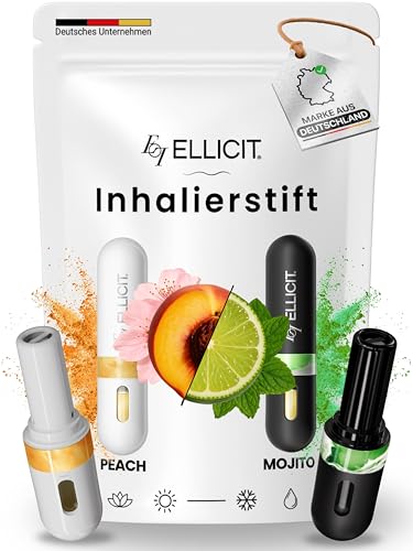 Ellicit Nasal Stick Inhalierstift 2er Pack Mojito & Peach Duft Riechstift für die Nase mit ätherischen Ölen & Menthol sofort spürbar erfrischend langanhaltend Ideal für den Alltag [nachfüllbar]