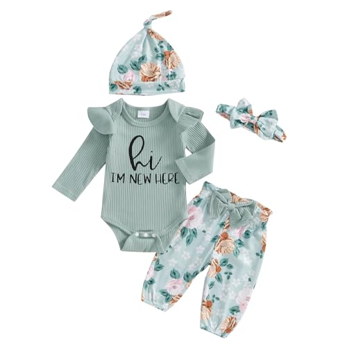 Image of mlpeerw Newborn Baby Girl Clothes Outfits New To The Crew Bodysuit Romper Floral Pants Headband Hat Coming Home Outfit (Hi,i,m new here-Green, Newborn)