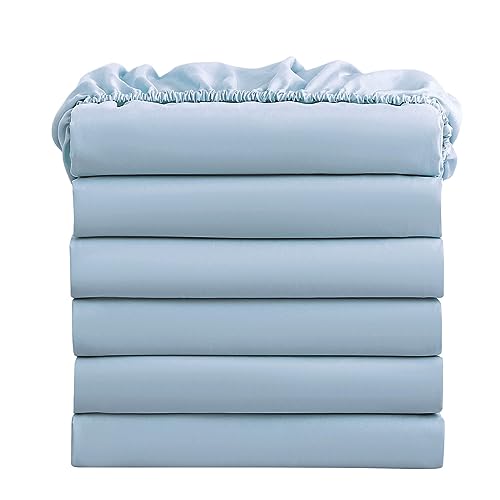 FreshCulture Full Fitted Sheets, Bulk Pack of 6, Deep Pocket, Soft Microfiber Bottom Sheets for Home, Salons, Hotels, Full Size Fitted Sheets Only (Light Blue)