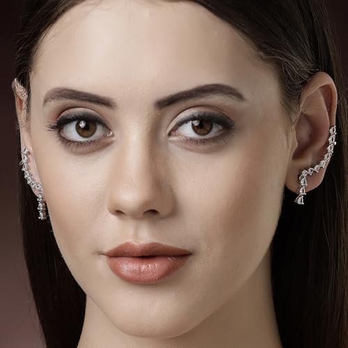 Image of ZENEME Rhodium-Plated Silver toned Brass White Floral Vine Ear Cuff Earrings for Women & Girls Crystal Ear Climber Contemporary Jewellery