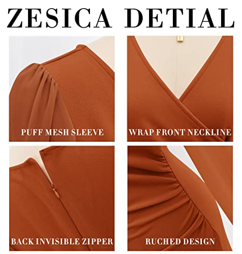 Zesica Women's Wrap V Neck Bodycon Mini Dress Puff Long Sleeve Ruched Asymmetrical Hem Cocktail Party Short Dresses,Orangerust,Small #TOP2