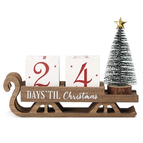 99 Days Christmas Countdown Blocks with Santa Sleigh - Rustic Wooden Advent Calendar for Farmhouse Decor, Christmas Tree Mantel Tiered Tray Decorations