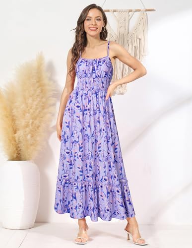 Image of GRACE KARIN Summer Dresses for Women 2026 Vacation,Smocked Floral Maxi Dress,Boho Beach Sundress with Pocket Fashion Clothing