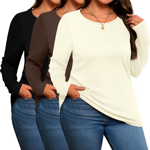 3 Pack Women's Plus Size Cotton Shirts, Scoop Neck Long Sleeve Casual Tops Form Fitting Knitted T-Shirts Blouses