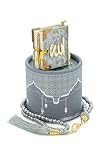 ihvan online, Islamischer Gebet Zylinder Geschenkbox mit elegantem Samt bedeckten Mini Koran & Gebet Perlen Tesbih, Islamic Gift for Ramadan & Mawlid & Eid, Grau