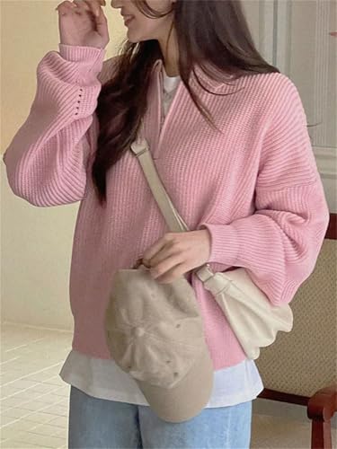 Women's Loose Knitted Pullover Sweater 1/4 Zip Lapel Long Sleeve Loose Knit Jumpers Tops4