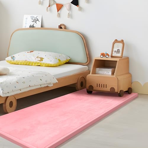 Image of Huloo Sleep Play Mat for Babies Toddlers,1.3 inch Thick Elasti-Foam Anti-Fall Cushion Mat for kids Room,28x72 Bedroom Bedside Rugs,Water-Repellent Soft Coral Velvet,Non-Slip(Pink)