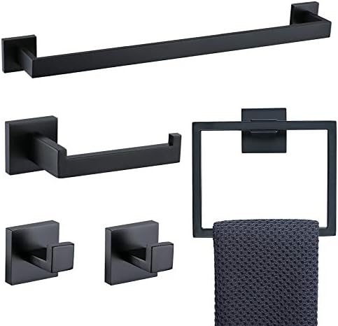 TNOMS 5 Pieces Bathroom Hardware Accessories Set Black Towel Bar Set Wall Mounted,Stainless Steel,23.6-Inch.