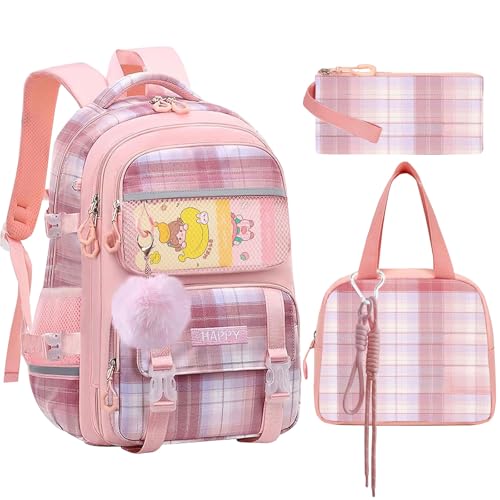 WYCY Mochila para niñas, bonita mochila escolar Kawaii de gran capacidad para puerta de refrigerador, Mochila para niños, bolsa de almuerzo aislada y estuche para lápices, color rosa, L
