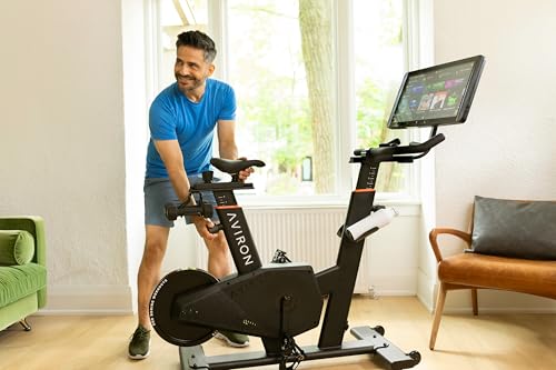 Image of Aviron Fit Bike Touring Edition with 22 inch HD Touchscreen. Access to Game-Based Workouts, Streaming, and Classes. 1500W Electromagnetic Resistance, Freewheel, Compact Design, Black