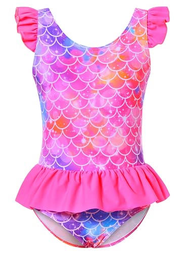 Image of Toddler Girls One Piece Ruffle Swimsuit Mermaid Bathing Suit 2-7Y | UPF 50+ quick-dry girls swimsuit,Cute flutter sleeves and ruffled hem,Mermaid Swimwear for pool,party,beach vacation.