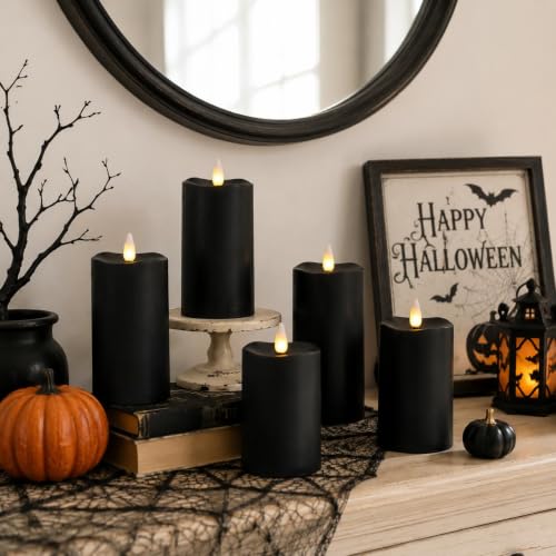 MUMCHASI 5 Packs Black Flameless Candles, Black Battery Operated LED Candles with Remote, Realistic Flickering Dancing Flame, Waterproof for Halloween Party Outdoor Garden — view 2