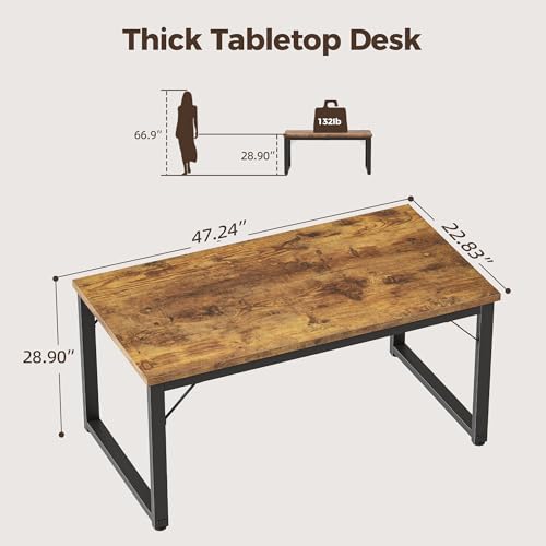 Image of 48 Inch Computer Desk, 1 inch Thick Small Office Table, Brown | Modern Simple Style, Heavy Duty Industrial Frame, Small Study & Writing Table for Home Bedroom Work