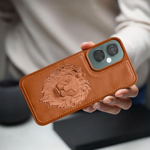 Image of Vaku Luxos Lion Embossed Back Cover Case for OnePlus Nord CE 3 Lite Premium Leather Stitched Soft Shockproof Protective TPU Phone Case Camera Screen Protector- Brown