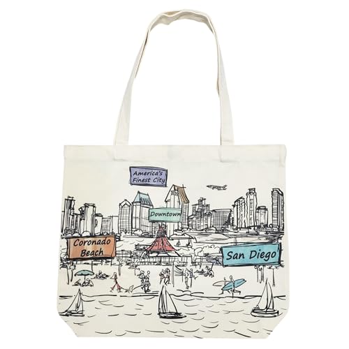 Beary Blu Cities Around the World Artwork Tote Bag Series- Designed in the USA, 17"x14", Double Sided Print, Souvenir & Gift (San Diego)