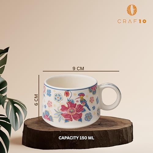 Image of CRAF10 Ceramic Handcrafted Botanic BlissTea Morning Set - 1 Kettle (1 Litre) & 6 Cups (160 ML) | Microwave & Dishwasher Safe | Teapot | Tea Sets with Kettle for Gifting