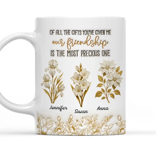 Personalized Of All The Gifts You’ve Given Me Our Friendship Mug, Custom 3D Inflated Effect Coffee Cup, Best Friend Birthday Present, Name Birth Flower Ceramic Drinkware for Women Men