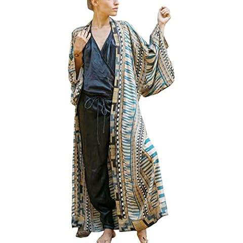 YouKD Bohemian Kimono Long Sleeve Cardigan Beach Swimsuit Cover Up Maxi Dress for Women Grey Brown Cover