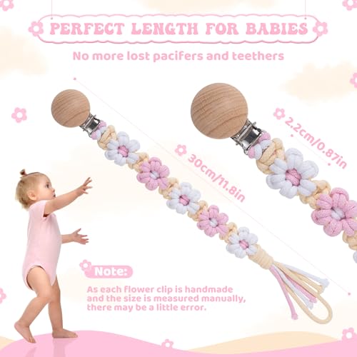 Image of Pacifier Clip for Boys Girls Floral Daisy Macrame Baby Paci Clip Pacifier Holder Leash Boho Wooden Clips Handmade Braided Cotton Binky Clips (2pack:Pink Daisy & Lavender Style B)