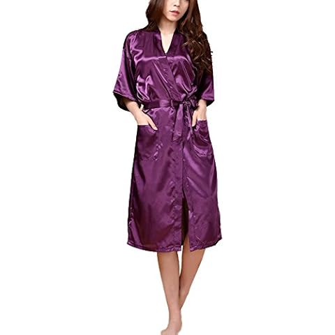 DELEY Unisex Couple Women Kimono Satin Silk Soft Nightwear Bathrobe Robes Dressing Gown Housecoat Sleepwear Dark Purple Size 2XL Cover
