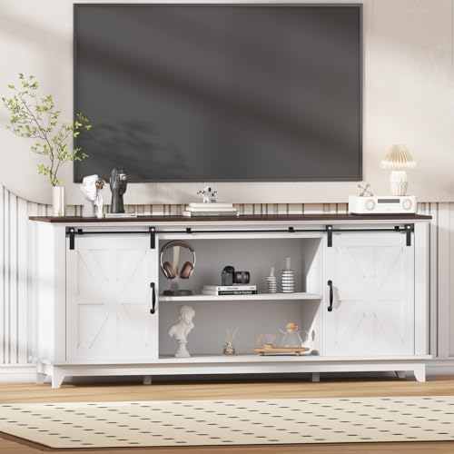 GarveeLife 66 in Farmhouse TV Stand with Power Outlets for 75 in TVs, Entertainment Center with Sliding Barn Door & Large Storage Cabinets w/Adjustabl