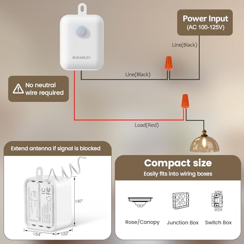 Image of SURAIELEC Wireless Light Switch Receiver Kit, No Neutral Wire for Old Homes