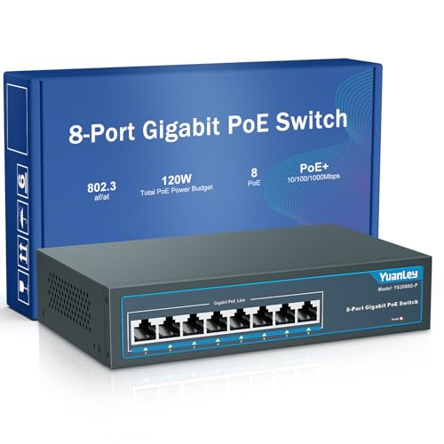 YuanLey 8 Port Gigabit PoE Switch, 8 PoE+ Ports 1000Mbps, 120W 802.3af/at, Metal Fanless Unmanaged...