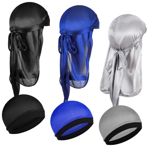 KFHENSOMR 6 Pcs Kids Silky Durag with Wave Caps Set Kids Polyester Durags Head Wrap Unisex Baby Durags Long Tail and Wide Strap Headwraps Turban Beanies for Boy Toddler Girls (Black Blue Silver)
