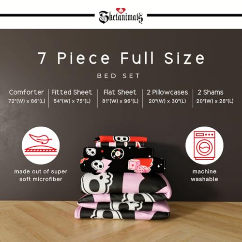 Image of Skelanimals Bedding 7 Piece Full Bed Set, Soft Checkered Comforter and Sheet Set with Sham, Kit The Cat, (Officially Licensed Product) by Franco Collectibles