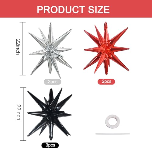 Image of TONIFUL 8 Pcs Explosion Star Foil Balloon Black Silver Red Party Decoration | 22 Inch Large Mylar Star Balloons for Race Car Theme Birthday for Boys Men Gradutaion Retro Rock Themed Party Decorations