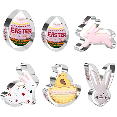 KAISHANE Easter Cookie Cutter Set - 6 PCS Stainless Steel Cookie Cutter Egg, Bunny,Bunny Face,Chick,Carrot for Fondant DIY Baking Cover