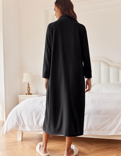 Image of Ekouaer Women Zipper Robe Long Sleeves House Coat Soft Bathrobe Sleepwear with Pockets Housecoat Loungewear