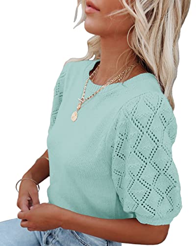 Image of Womens Short Sleeve Sweaters Crewneck Knit Pullover Tops 2025 Summer Casual Lightweight Crochet Blouse Shirt
