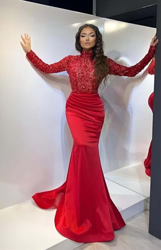 Sparkly Sequin Prom Dresses with Sleeves Satin Formal Dress Mermaid Evening Gown Long Open Back JS00243