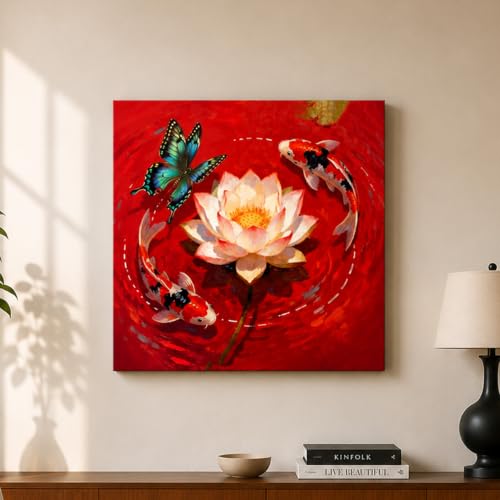 Image of PAINTINGMANTRA Lotus Koi Harmony Stretched Canvas Painting for Living Room | Vastu Lotus Fish Wall Decor Art For Livingroom, Bedroom, Office, Hallways - 22x22 Inch