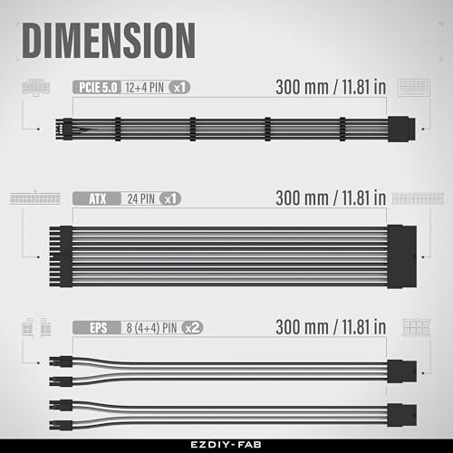 Image of EZDIY-FAB 12VHPWR PSU Cable Extension Kit for RTX 50 /40 Series,16AWG PCIE 5.0 Power Supply Cable Extension- 1x 24 Pin ATX /2X 8Pin (4+4) EPS / 1x12+4 Pin GPU,Sleeve Cable 300MM with Combs-Black Grey