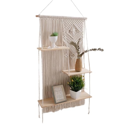 Estante flotante para plantas, estante de cuerda de algodón de 3 niveles, estantería de almacenamiento decorativa, colgantes de pared de macramé, estantes flotantes de cuerda para cocina, baño