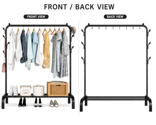 Image of Metal Multifunctional Heavy-Duty Quality Garment Stand Cloth Rack Freestanding Storage Organizer with Bottom Shelves Adjustable Folding Single Pole for Living Room