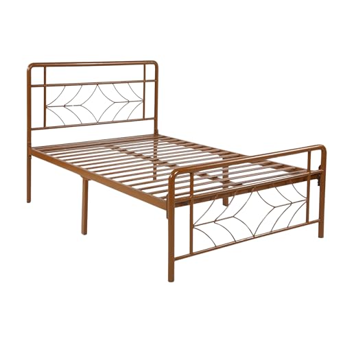 Image of Vara Metal Extra Single Size Bed Without Storage | Wrought Iron Single Bed with Headboard & Footboard| Sturdy Powder Coated Platform Cot for Bedroom (Vara Brown)