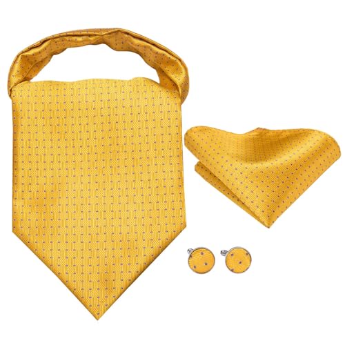 Image of Hi-Tie Silk Ascot for Men Self Tie Men's Cravat and Flower Lapel Pin Handkerchief Cufflinks Set for Wedding Party