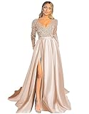 Fanciest V Neck Long Sleeve Champagne Prom Dresses with Slit Sequin Satin Formal Evening Gowns US12