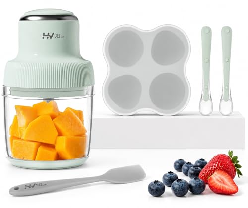 Image of Baby Food Maker, HEYVALUE Larger Baby Food Processor Set for Fruit, Vegatable & Meat, Glass Puree Blender with Baby Food Freezer Tray, Silicone Spoons, Spatula,20 OZ(Green)