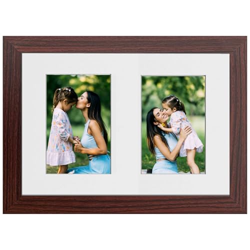 A4 Brown Picture Frame with Mount for Two Photos – Dual Aperture Collage Frame for Photo Prints, Art, Posters, or Certificates – Wall or Tabletop Display