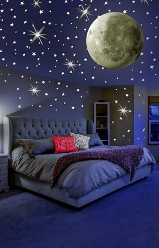 MAFOX Glow in The Dark Wall or Ceiling Stars with Moon Stickers – Luminous Decal Stickers for Simulated Moon Effect at Night – Ideal Kids Decor or Adults – for Kids Boys Girls
