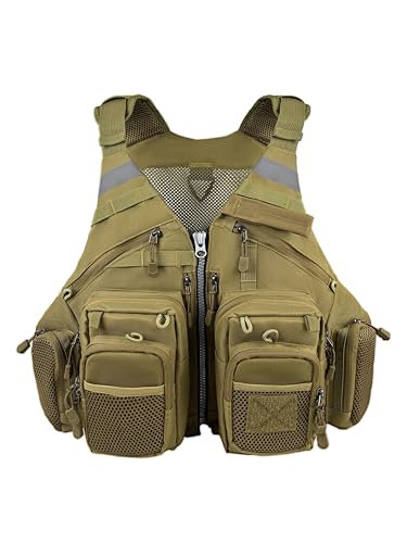 FLYDWV Fishing vest, breathable, multiple adjustable pockets, suitable for both men and women (brown)
