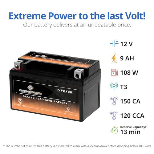 Image of CB CHROMEBATTERY YTZ10S 12 V 120 CCA AGM - Maintenance-Free 9 Ah Battery for Sportbike, ATV, Scooter, Jet Ski - T3 Nut & Bolt Terminal - Fits Honda CBR600RR, Yamaha FZ6R & More